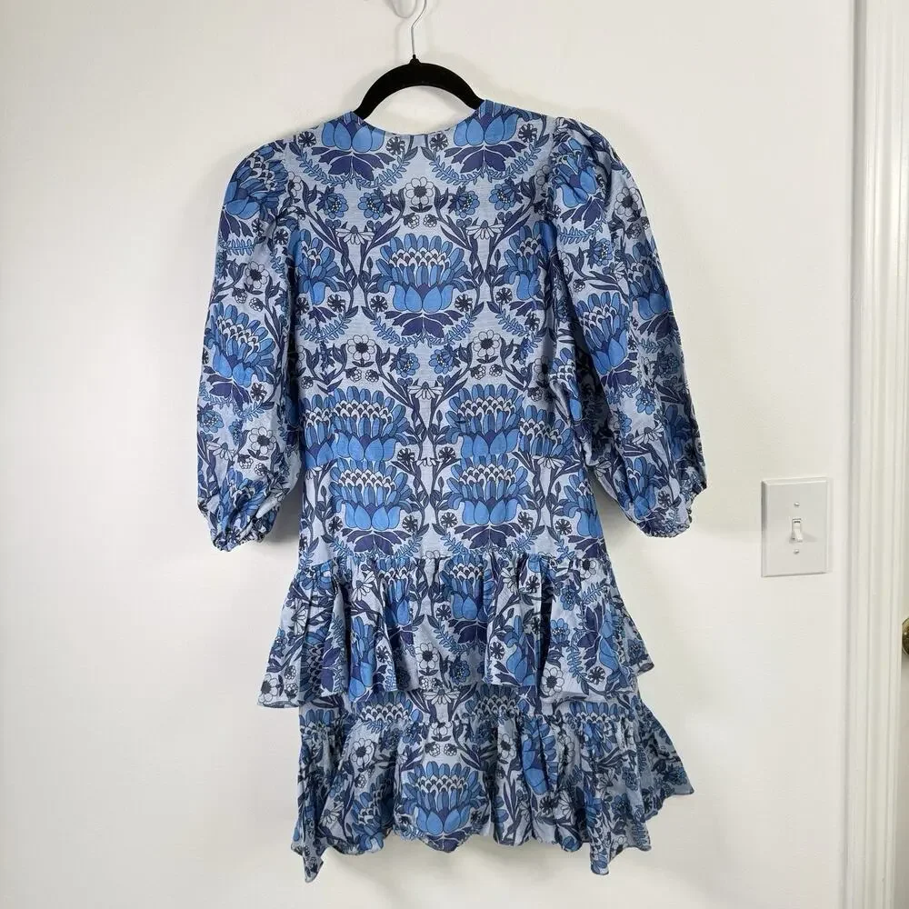 Sandro Yana Blue Floral Mini Dress V-Neck Puff Sleeve Linen READ Womens 40 US 8 - Picture 8 of 9